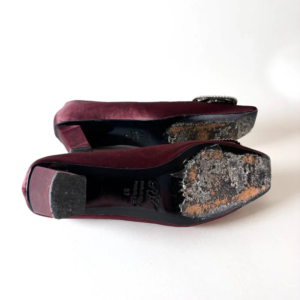 Vintage Roger Vivier Burgundy Satin Buckle Heels Crystal Pumps